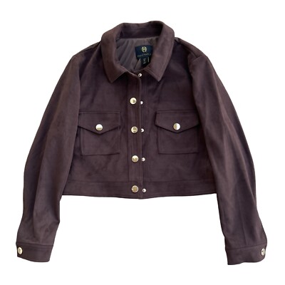 House Of Harlow 1960 Brown Microsuede Cropped Button Front Trucker Jacket L NWOT