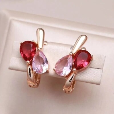 Womens 14K Rose Gold Finish 2Ct Ruby & Sapphire Birthday Anniversary Earrings