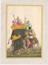 Hand Made Miniature Painting Of Mughal King On Decorated Elephant 7x9.5 Inches