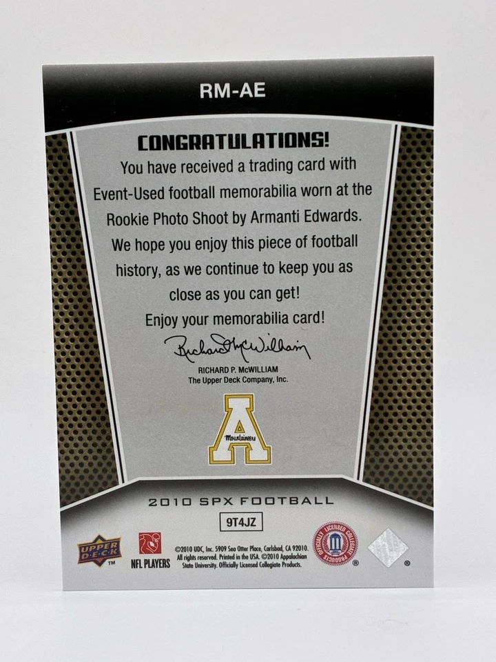 2010 SPx Rookie Materials Armanti Edwards #RM-AE/375 (MEM, RC) Appalachian State - Image 2 of 4