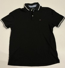Tommy Hilfiger Men's L Black Solid Short Sleeve Collared Polo Logo Button Trim