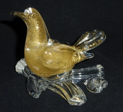 Vintage Murano Art Glass Aventurine Gold Fleck Bird on Branch w/ Leaves figurine