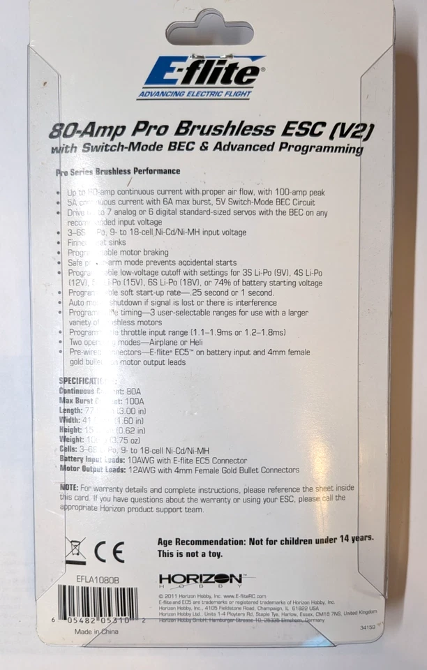 E-Flite 80Amp Pro Brushless ESC V2 w/ BEC and 6s Lipo Capacity - EFLA1080B - Image 2 of 2