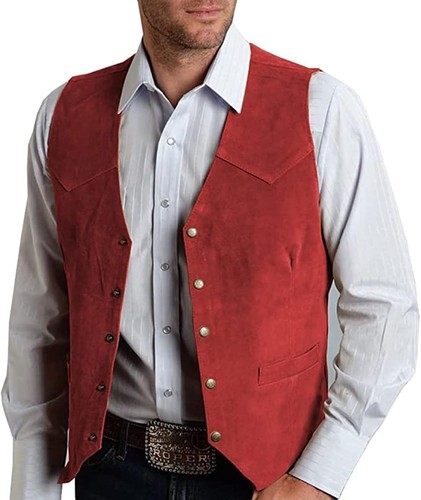 Mens Suede Leather V Neck Dress Vest 5 Button Slim Fit Waistcoat for Wedding