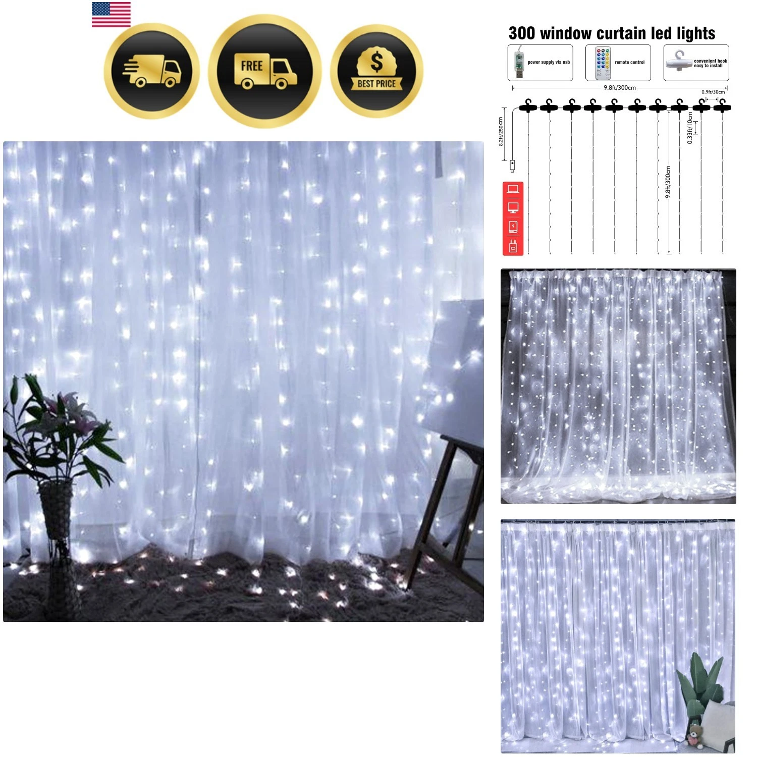 Curtain String Lights, 300 LED 9.8ft x 9.8ft 8 Lighting Modes Fairy Lights US...