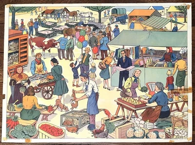 🐕 Ancienne affiche scolaire Rossignol, 1950 - La chasse, la foire, marché - Photo 1/4