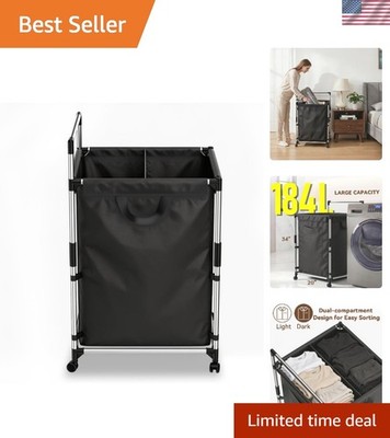 Collapsible Laundry Basket with Wheels - 184L Dual Compartment for Easy Sorting