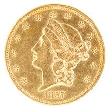 US 1857 $20 Liberty Head Double Eagle .900 Fine Gold Coin Philadelphia Mint