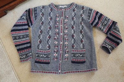 VTG MANGO GRAY WOOL BUTTON UP FAIR ISLE CARDIGAN SWEATER EMBROIDERED FLORAL SZ M