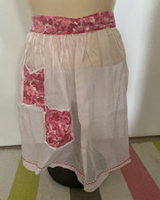 Vtg Sheer white and Pink floral half Apron lace pockets cottagecore country farm