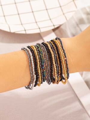 15pcs Black Beaded Stacking Bracelet Set With Gold-tone Chain