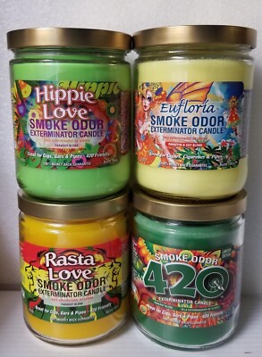 Smoke Odor Exterminator 13 oz Jar Hippie Love, Assorted Set of (4) Candles.