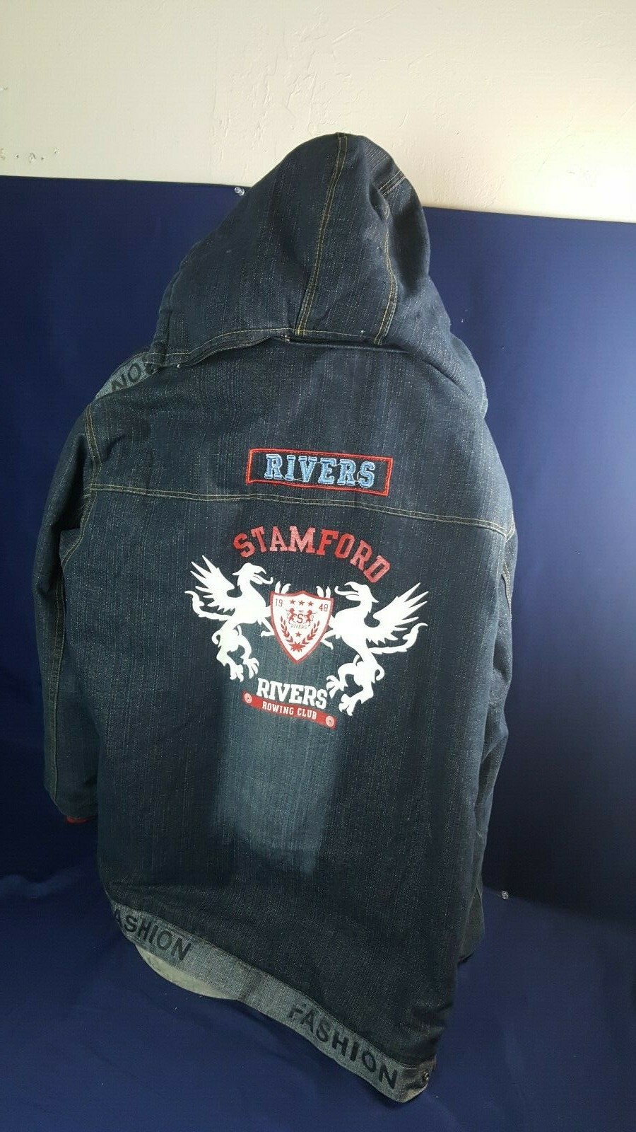 FILA Giacca Foderata Pile Vintage JMR Stamford Rivers Rowing Club Denim Con Cappuccio XXXL In Ottica