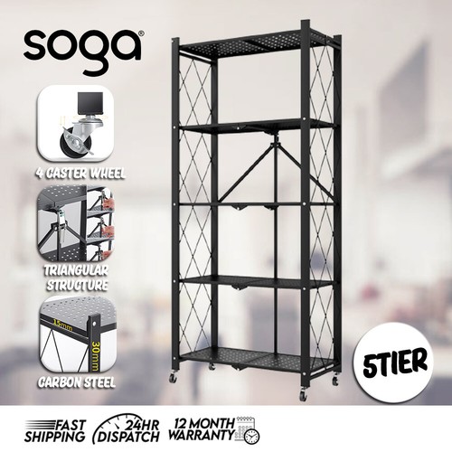 SOGA 5 Tier Steel Black Foldable Kitchen Cart Multi-Functional Shelves Organizer - Picture 1 of 13