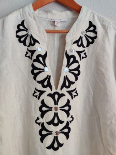 JM Embroidered Linen Tunic Top Womens Size 22W V-Neck 3/4 Sleeves Light Beige - Picture 2 of 11