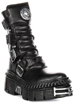 NEWROCK 373 Wand 4 Schnalle Metallic Absatz Schnürer Damen Stiefel Schwarz UK 4