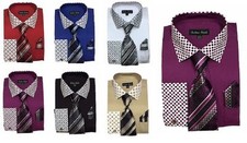 Men's Fashion Polka Dot Design French cuff Dress Shirt W/Tie Hanky Black, White