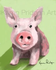 ACEO ATC Art Card Painting Print Signed Pig Farm Animal Pet