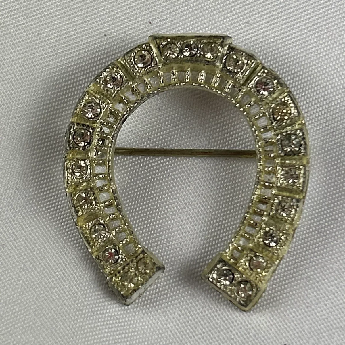 Vintage Horseshoe Brooch Pin Crystals Windows C Clasp 1