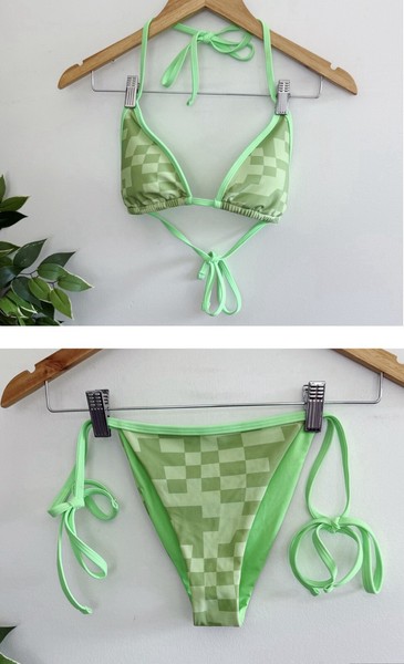 Blackbough Womens Size XL 2 Piece Bikini Set Green Check Triangle Strappy Cheeky