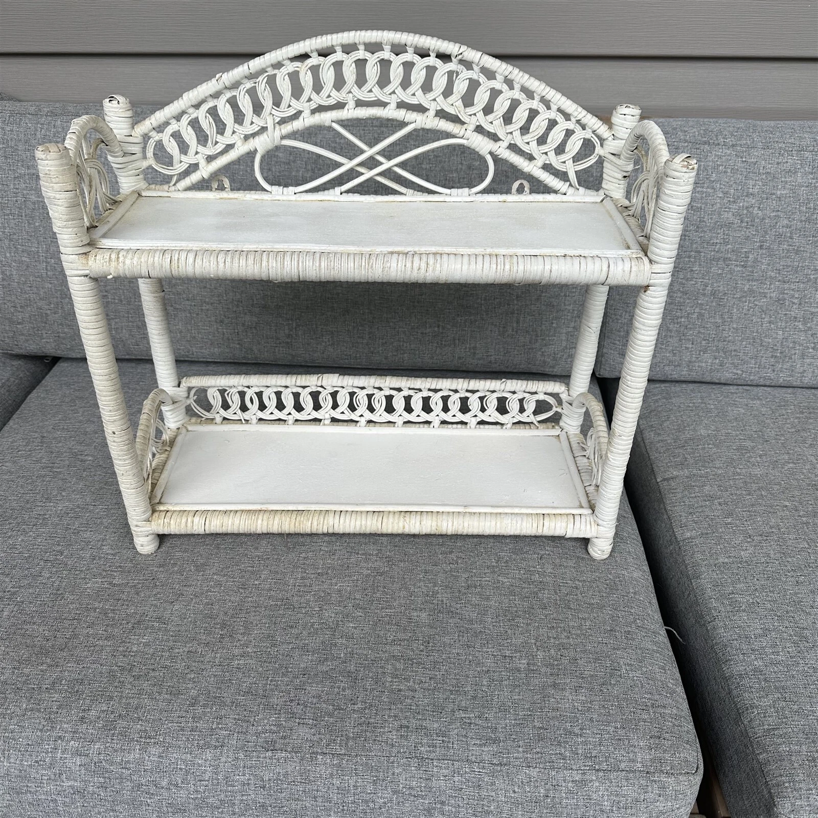Vintage Boho Woven Wicker Bamboo Rattan Hanging Display Wall Shelf White Shabby