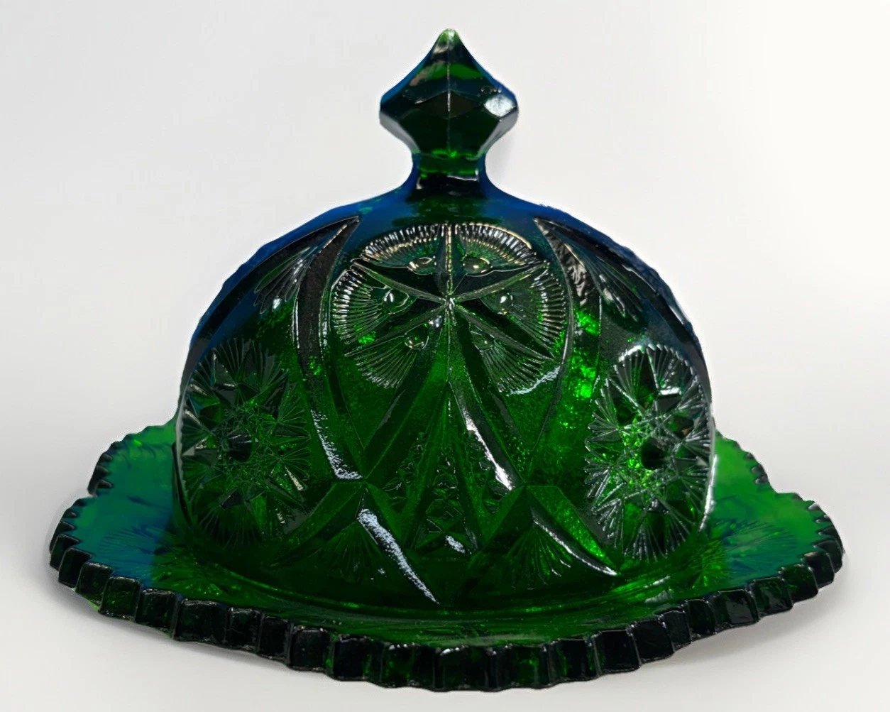 Vintage Kemple Emerald Green Yutec Fan & Star Pressed Glass Butter Cheese Dish