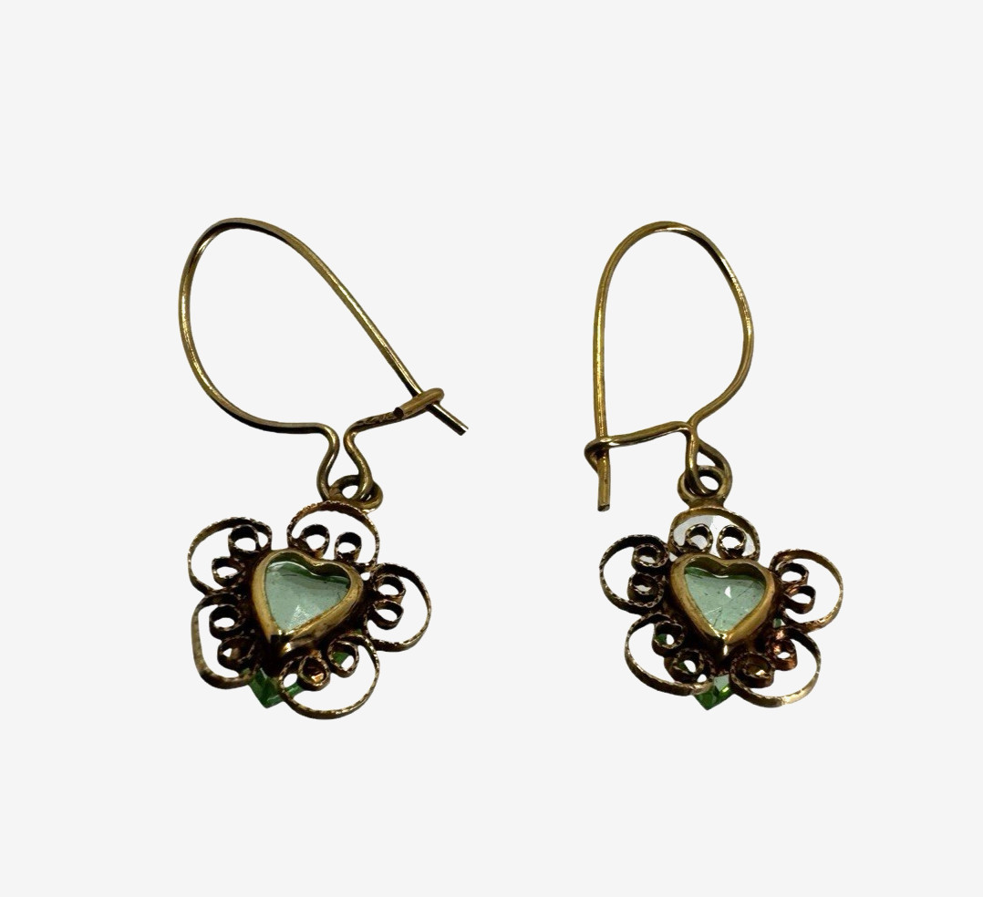 Solid 14K Green Heart Dangle Earrings - image 2