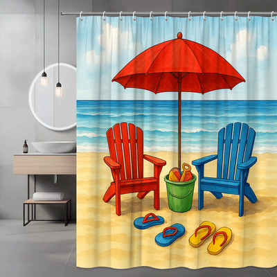 Beach Themed Shower Curtain with Colorful Chairs and Umbrella