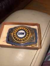 Vintage UAW United Auto Workers Belt Buckle Silvertone And Gold Original Box