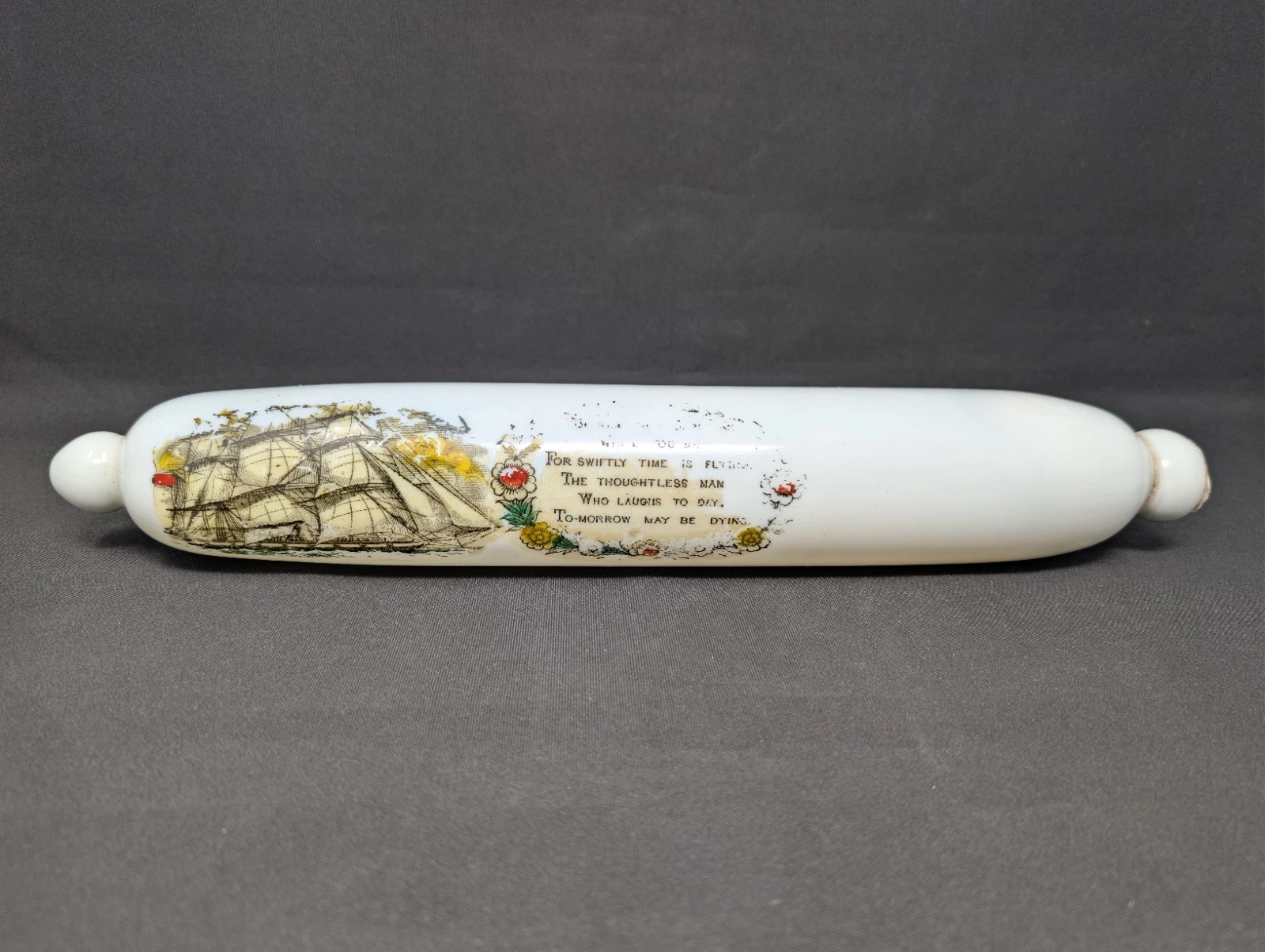 A 19th C. HAND-BLOWN Rolling Pin MILK GLASS Ship ANTIQUE Memento Mori