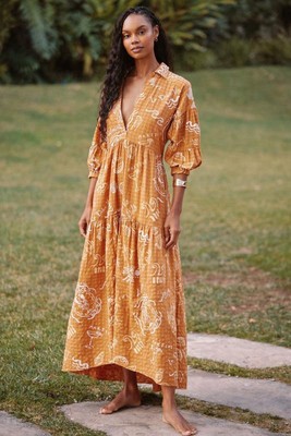 Anthropologie The Carolita Printed Tiered Shirt Dress SMALL Yellow