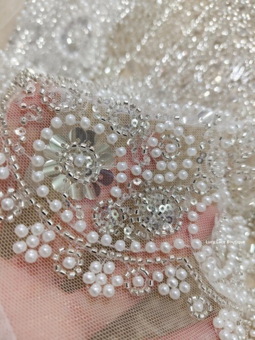 NEW Luxery Beads Lace Fabric White Silvery Wedding Lace Fabric Material