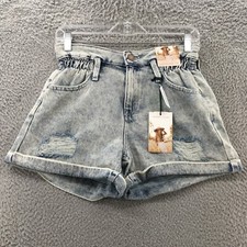 Sincerely Jules Paper Bag Shorts Womens 1/25 Blue Denim High Rise Zip Fly NEW
