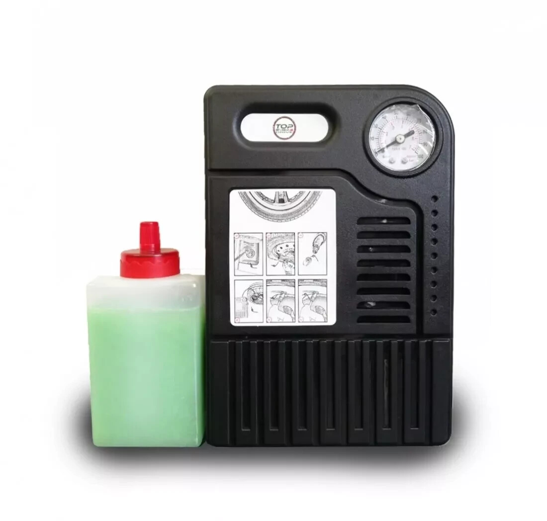 Kit Gonfia e Ripara Forature Gomme Ruote Pneumatici Auto - Liquido + Compressore - Immagine 1