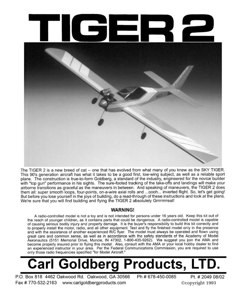 Carl Goldberg Model Airplane Plans (RC):  TIGER 2 61" Wingspan for .35-.50 - Image 2 of 4
