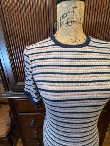 FRAME Short Sleeve Ribbed Knit Round Neck Stripe Top Size L Large Runs Small - Picture 2 of 8