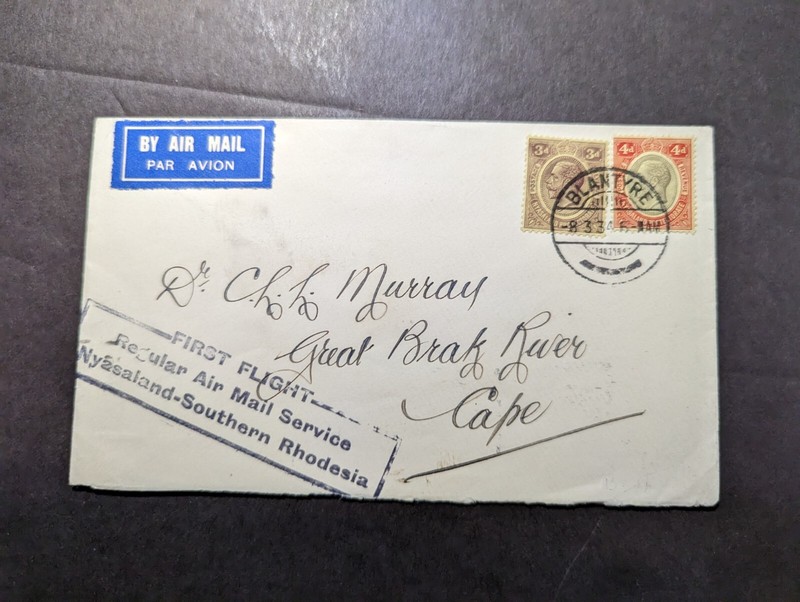 1934 Nyasaland Airmail First Flight Cover FFC Blantyre to Cape Rhodesia