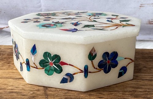 Marquetry Malachite Lapis Floral Hakik Marble Jewelry Box with Handmade Inlay - Picture 6 of 10