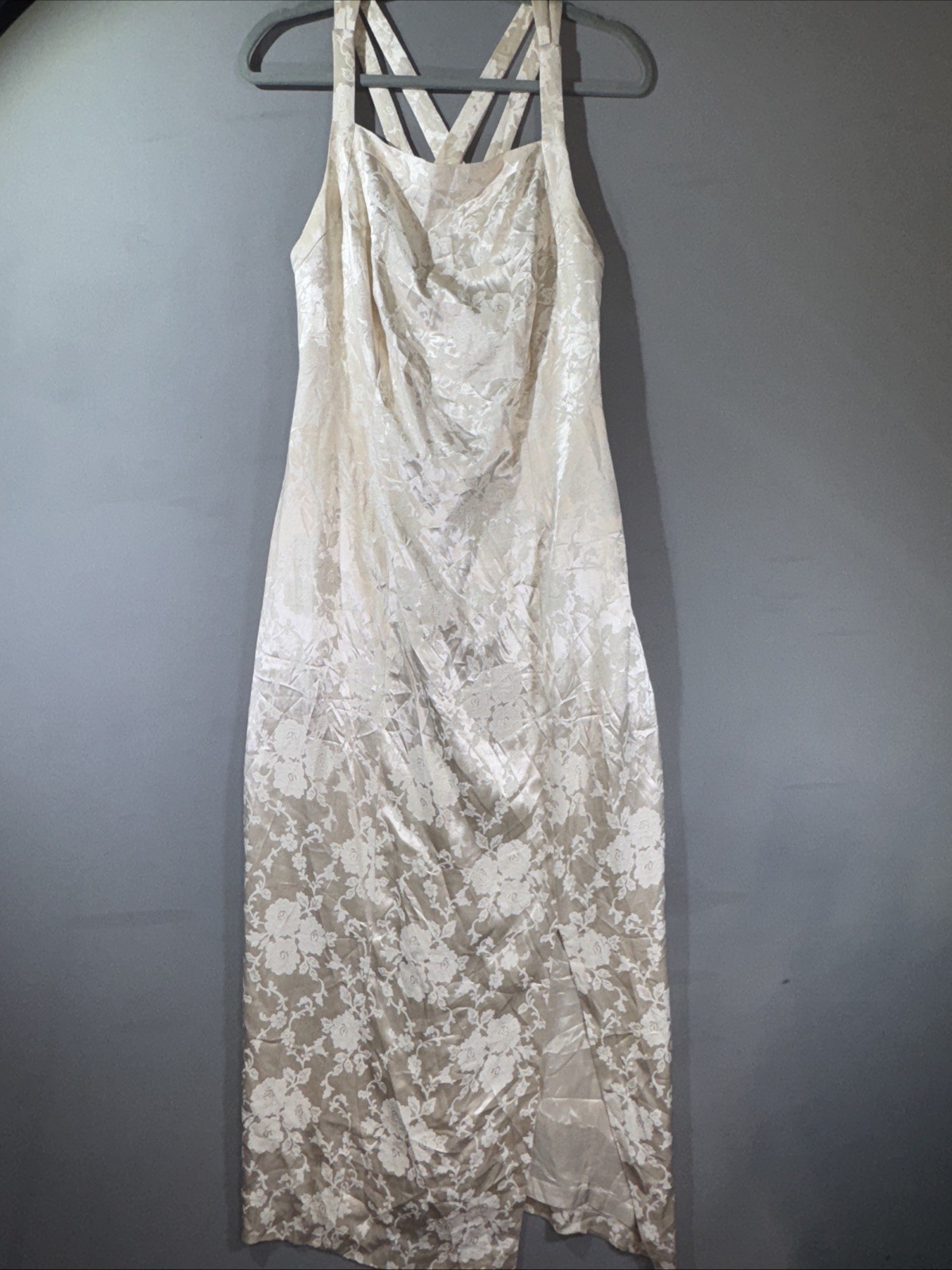 Metallic Floral Velvet Dress Vtg 90s Size 12 Strappy Bridal Bridesmaids MOTB