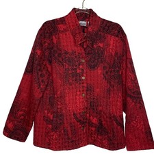 Chicos Womens Size 2/Large Red Paisley Textured Blazer Jacket Mandolin Collar