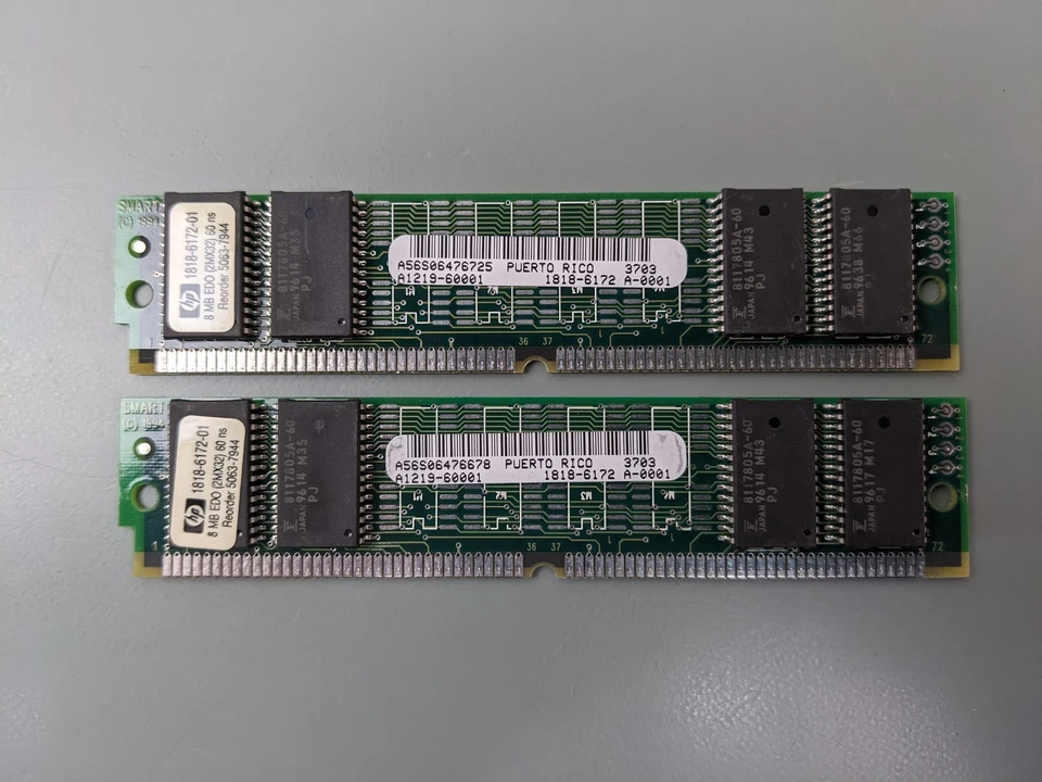 (2) HP 8MB EDO SIMMs 72-Pin Memory (16MB Total RAM) 1818-6172 - Image 2 of 3