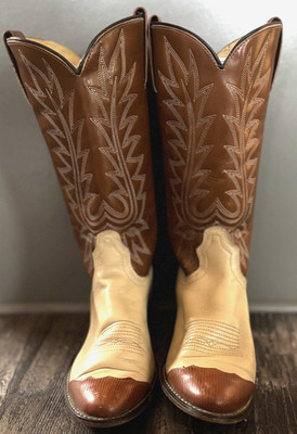 Vintage Acme Two Tone Brown Cream Wingtip Cowboy Boots Womens 6.5 C Urban Cowboy