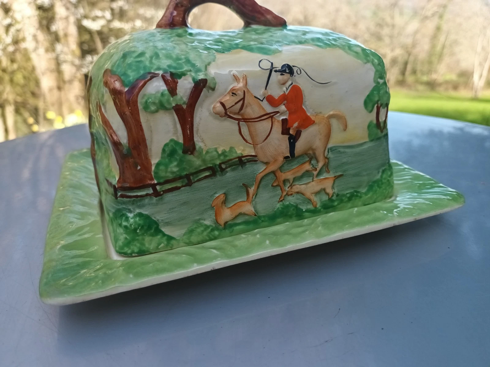Mid Century Portland Pottery Rare Hunting and Forest Scene Butter Cheese Dish