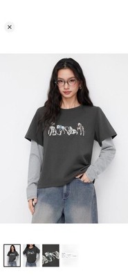 Cider Dalmatian Graphic Layered Long Sleeve Gray Top Women's XS