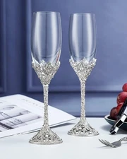 Champagne Flutes - Crystal Glass Metal Base with Crystal Stones, Set of Silver
