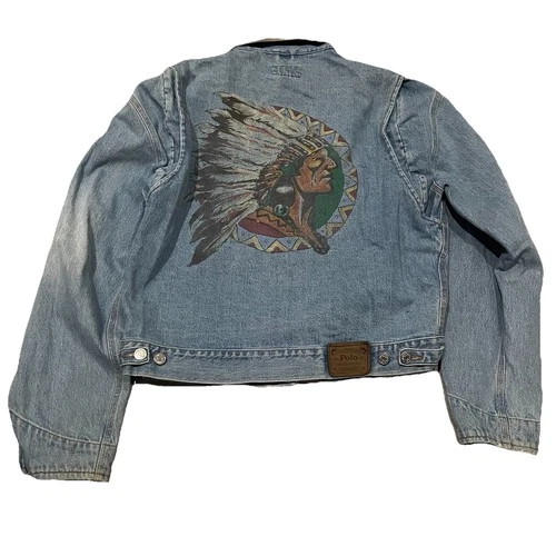 Vintage Polo Ralph Lauren Indian Head Chief Denim Jacket Mens Medium Seminole video thumbnail
