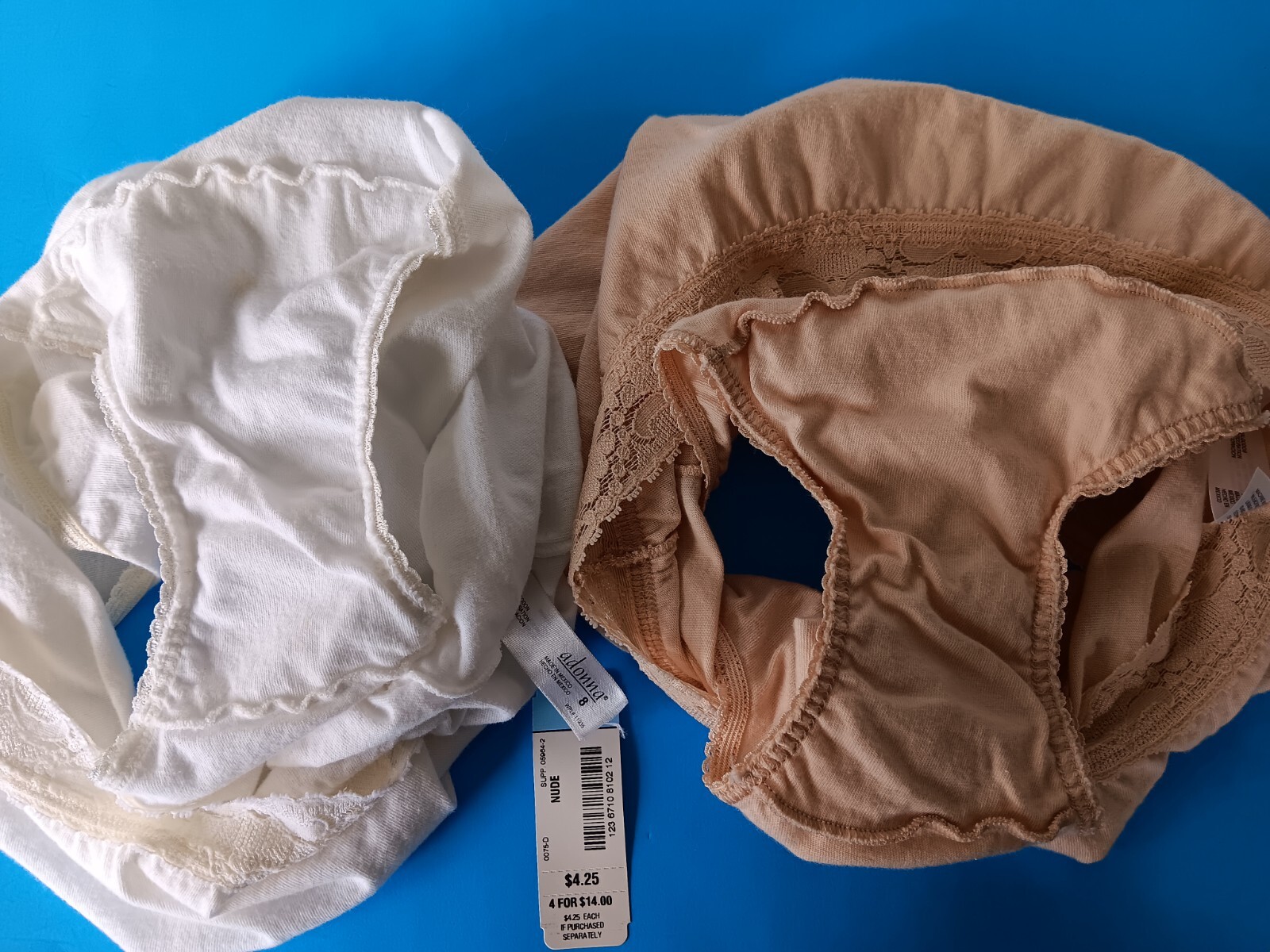 Vtg JC Penney Adonna Panties Briefs Sz 8 Nude & White Cotton Lace Trim