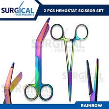 Multi Rainbow Color Lister Bandage Scissor + Straight Hemostat 5.5" German Grade