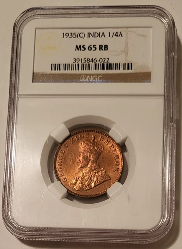 India - British - George V 1935 (C) 1/4 Anna MS65 RB NGC