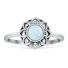 Lotus Flower Mandala Oxidized Ring Lab Created Opal 925 Sterling Silver 10mm